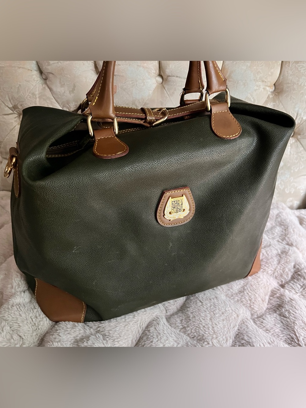 Lancel Leather bottle green duffle overnight weekender luggage bag vintage